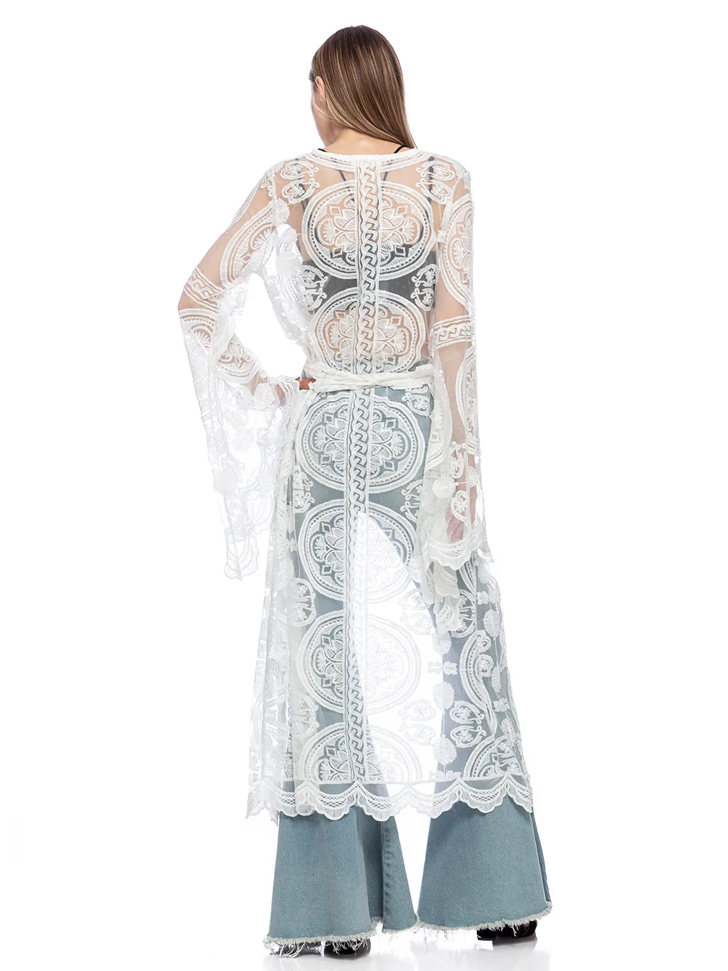 Lace Embroidered Kimono Swimsuit Cover-Up