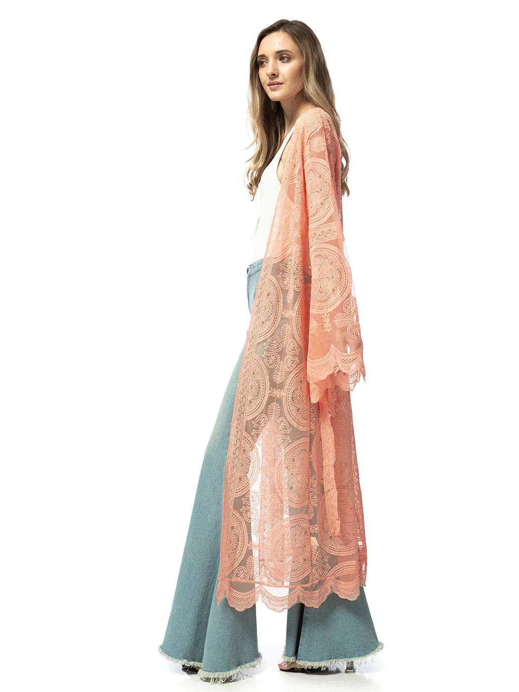 Lace Embroidered Kimono Swimsuit Cover-Up