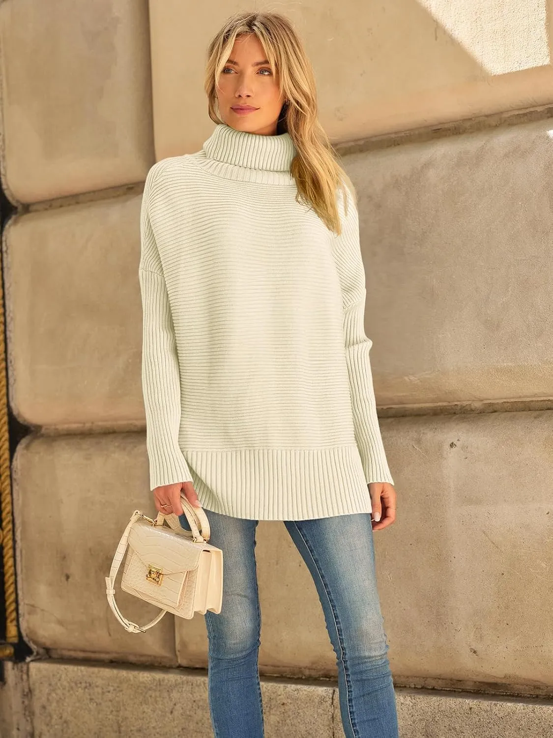 LILLUSORY Women's Oversized Turtleneck Sweaters Fall Batwing Sleeve Ribbed Tunic Sweater