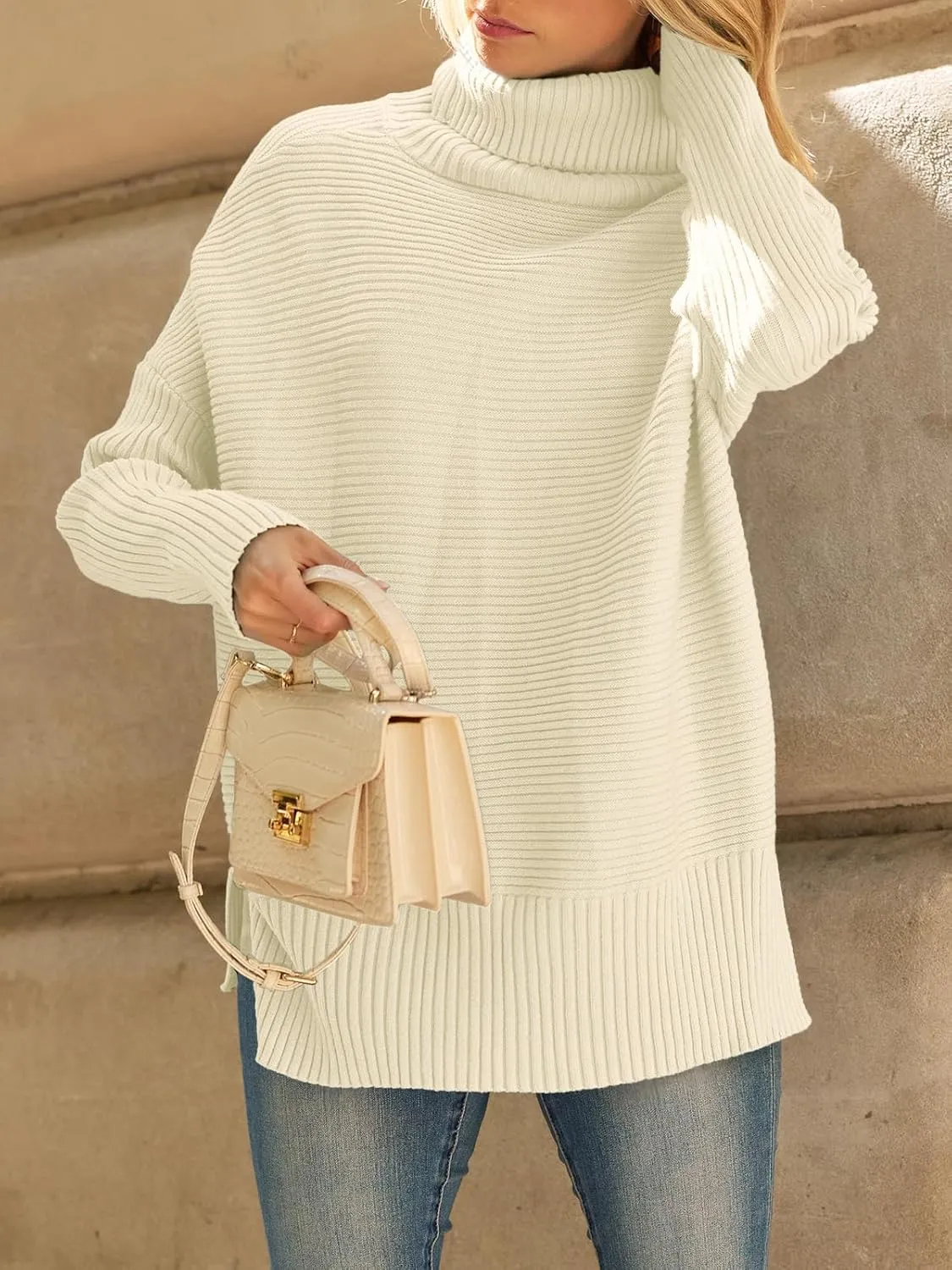LILLUSORY Women's Oversized Turtleneck Sweaters Fall Batwing Sleeve Ribbed Tunic Sweater