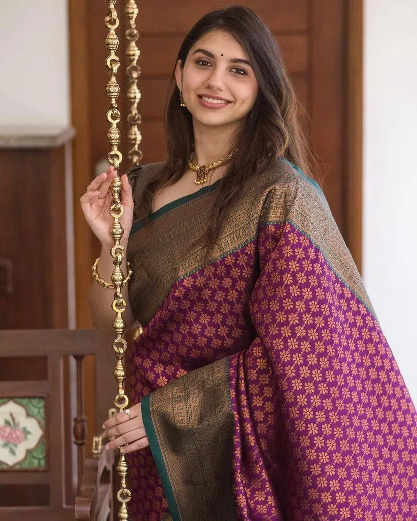 Luxuriant Purple Soft Silk Saree With Snappy Blouse Piece