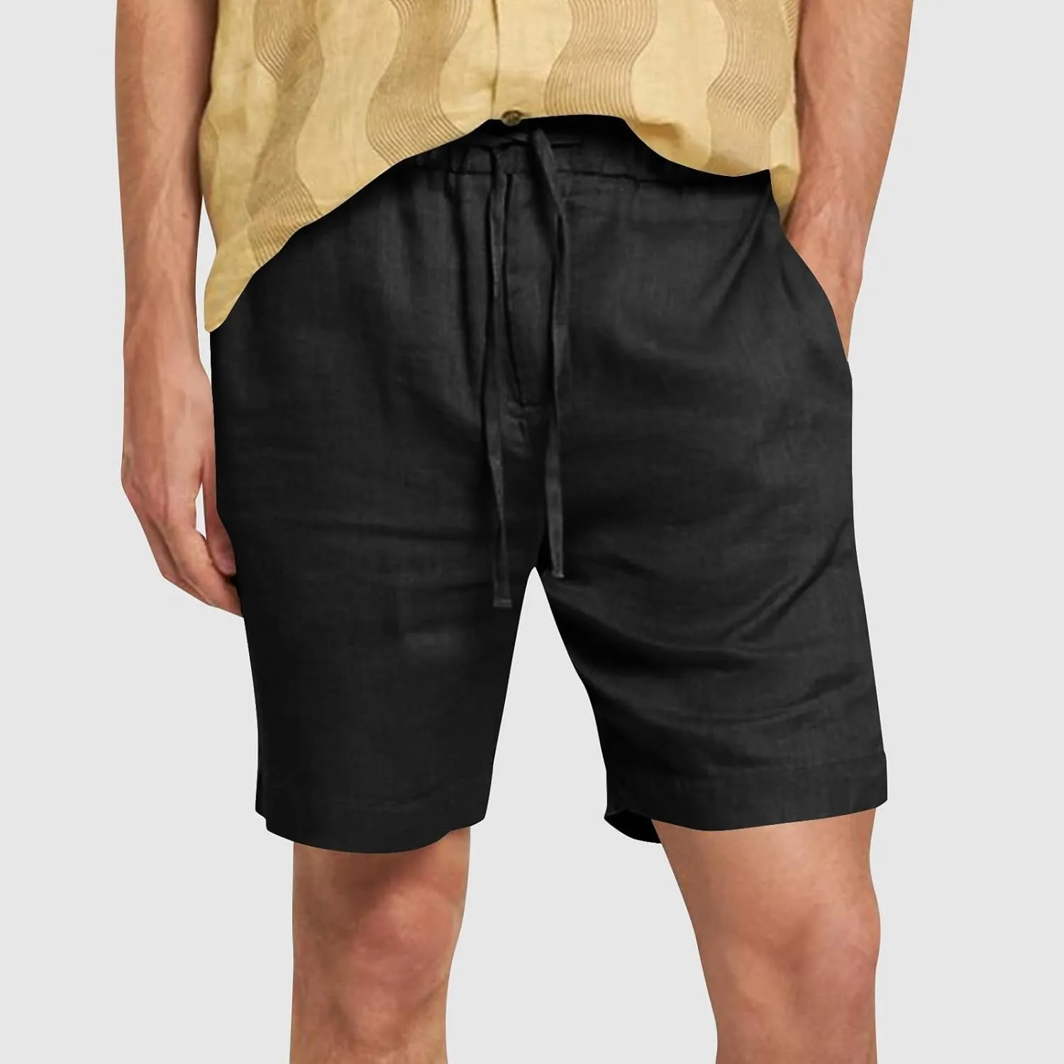 Men's Casual Cotton Linen Shorts Linen Shorts Casual Cotton Elastic Waist Summer Beach Vacation Shorts with Pockets