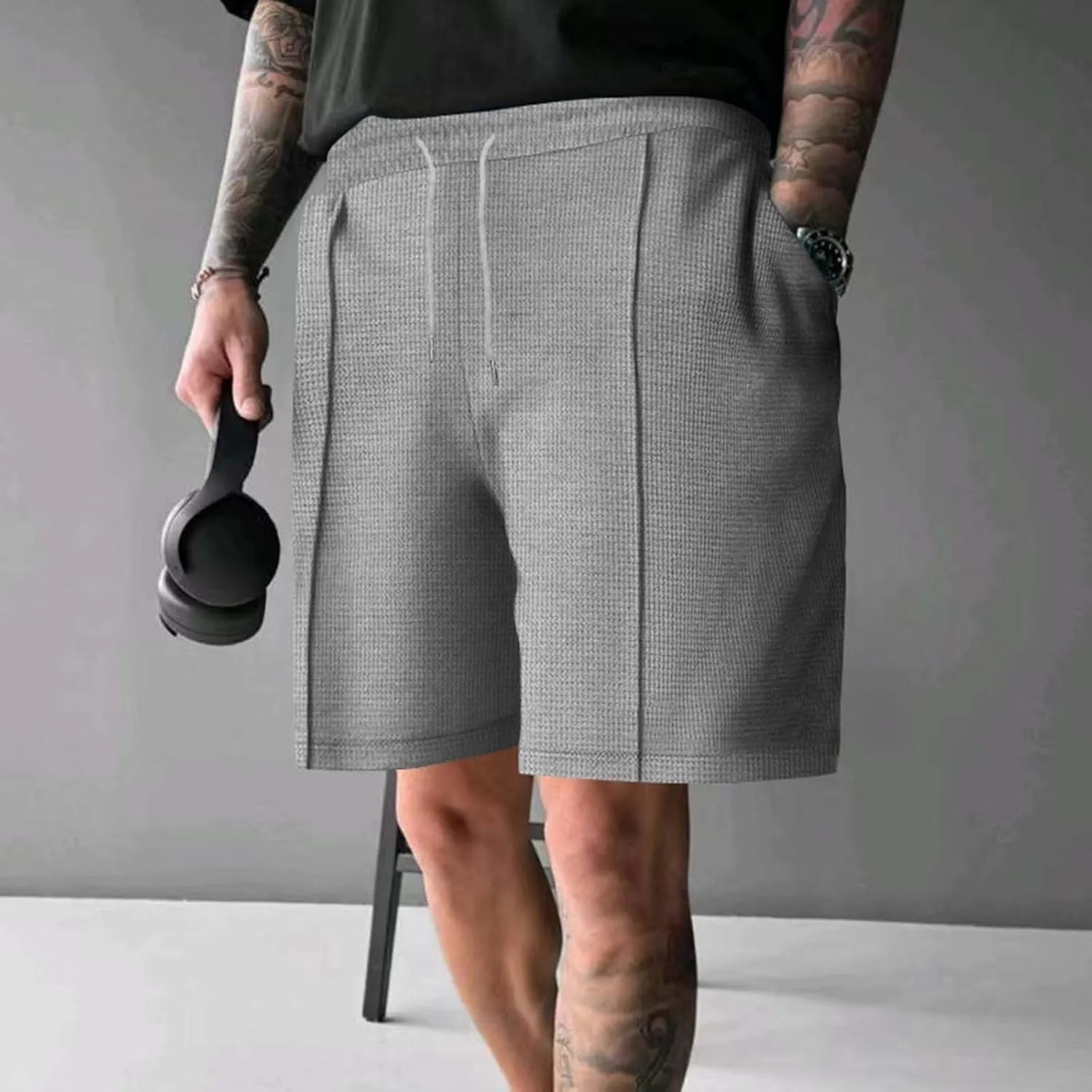 Mens Outdoor Fashion Shorts Waffle Casual Summer Wide Leg Bermuda Shorts with Pockets Elastic Waist Casual Loose Sweat Shorts