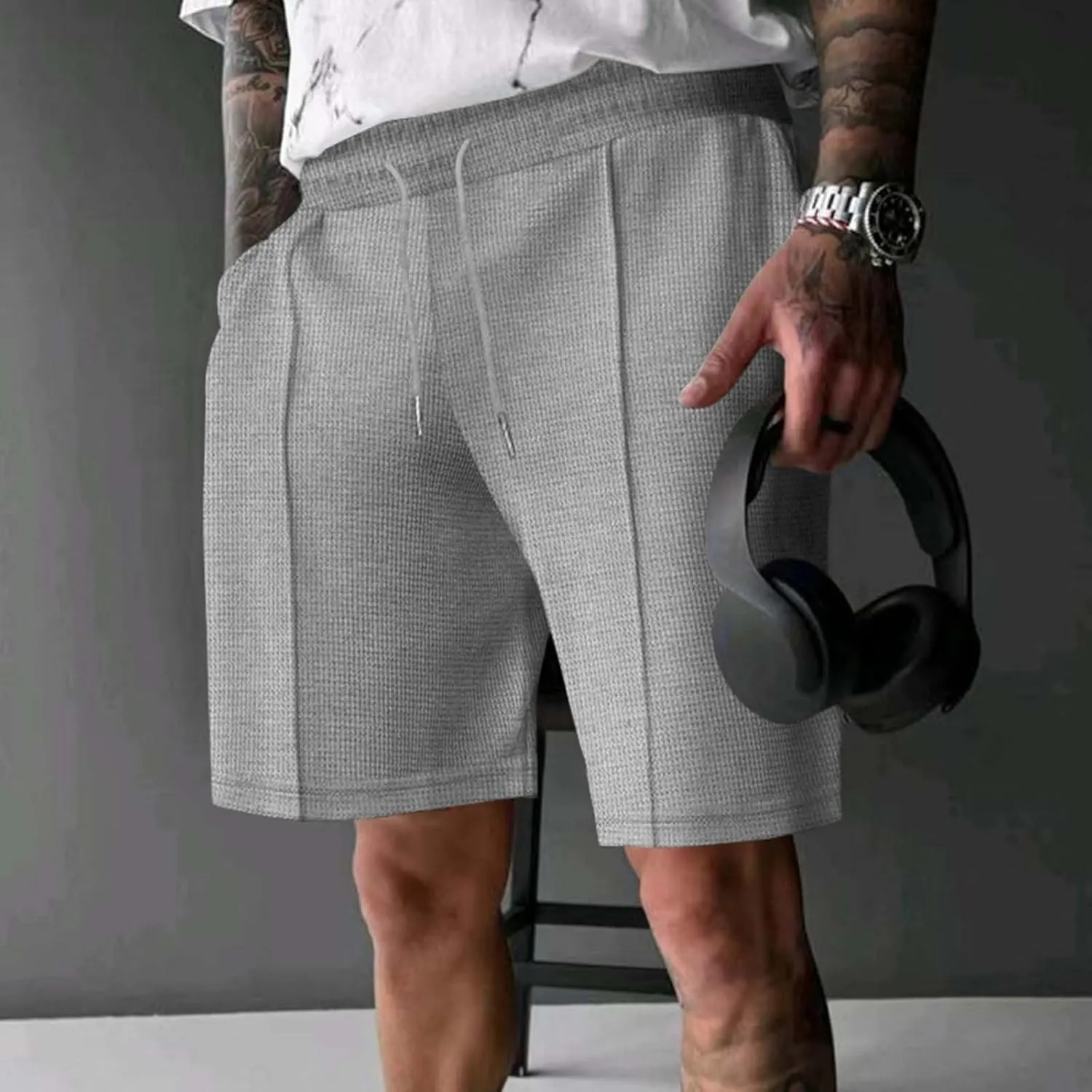 Mens Outdoor Fashion Shorts Waffle Casual Summer Wide Leg Bermuda Shorts with Pockets Elastic Waist Casual Loose Sweat Shorts