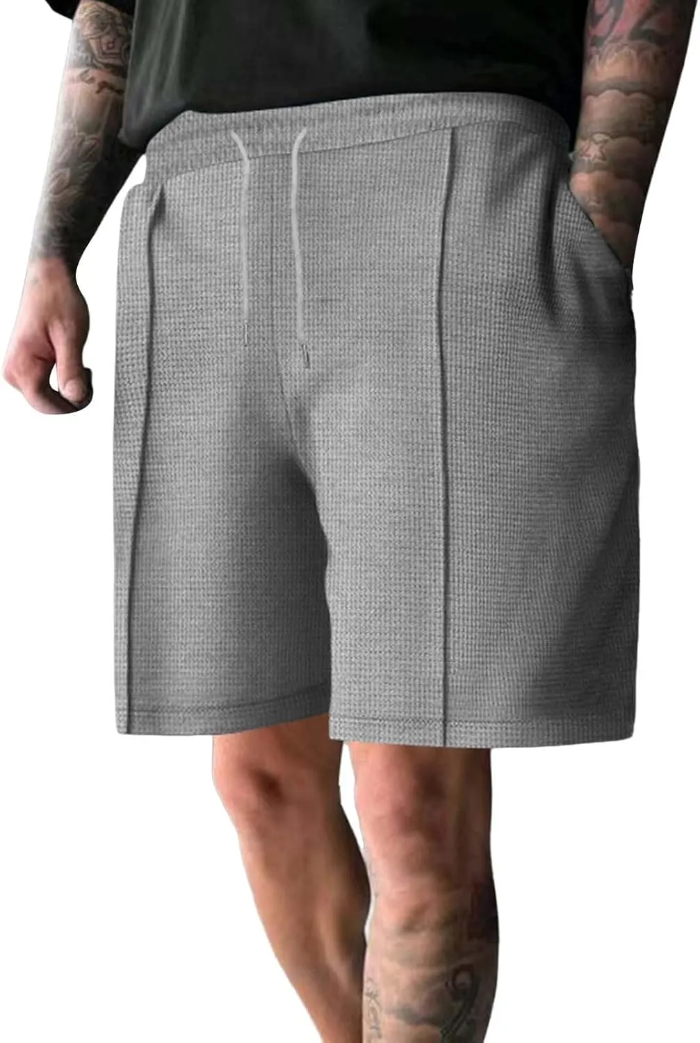 Mens Outdoor Fashion Shorts Waffle Casual Summer Wide Leg Bermuda Shorts with Pockets Elastic Waist Casual Loose Sweat Shorts