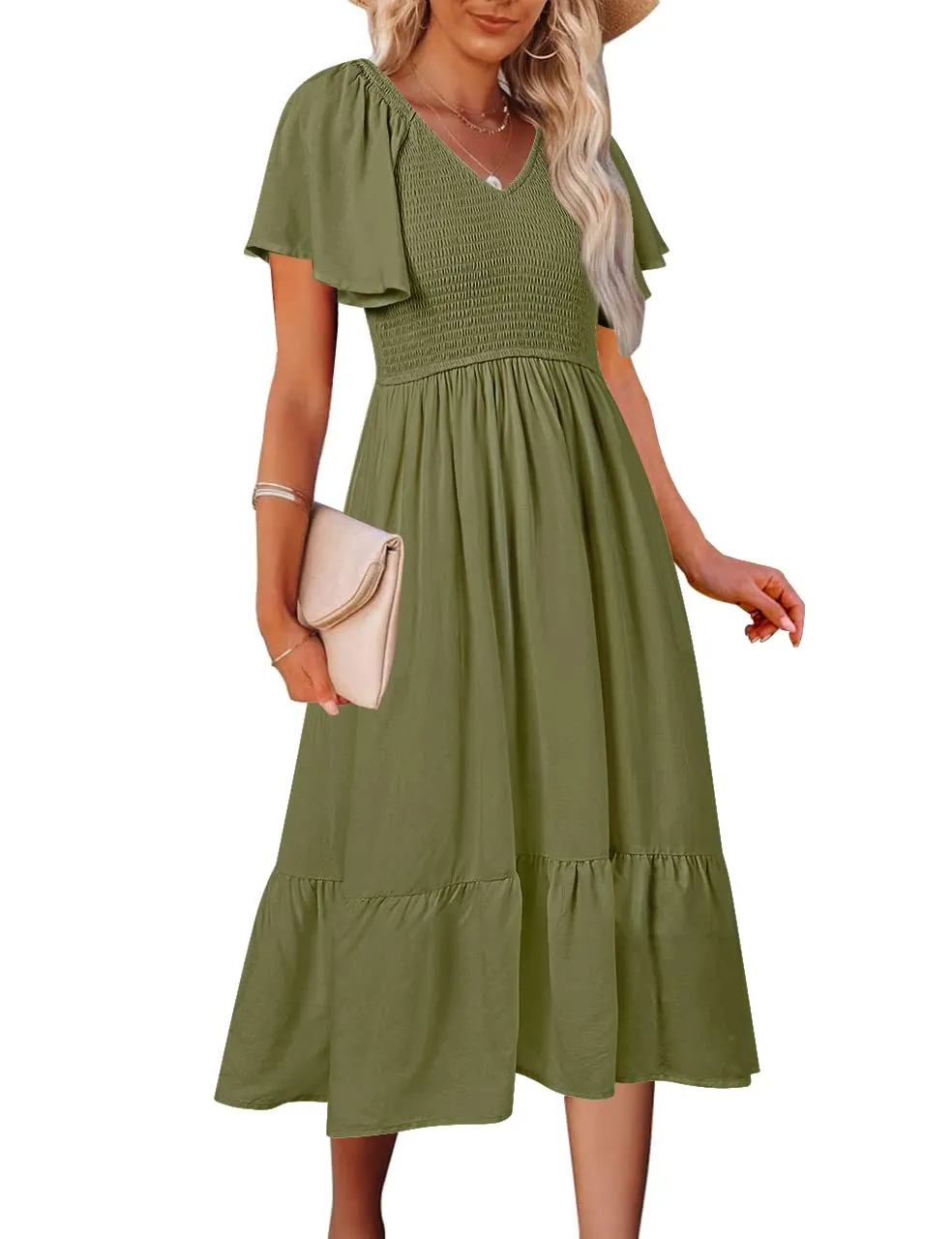 MEROKEETY Flutter Short Sleeve Smocked Tiered Dress
