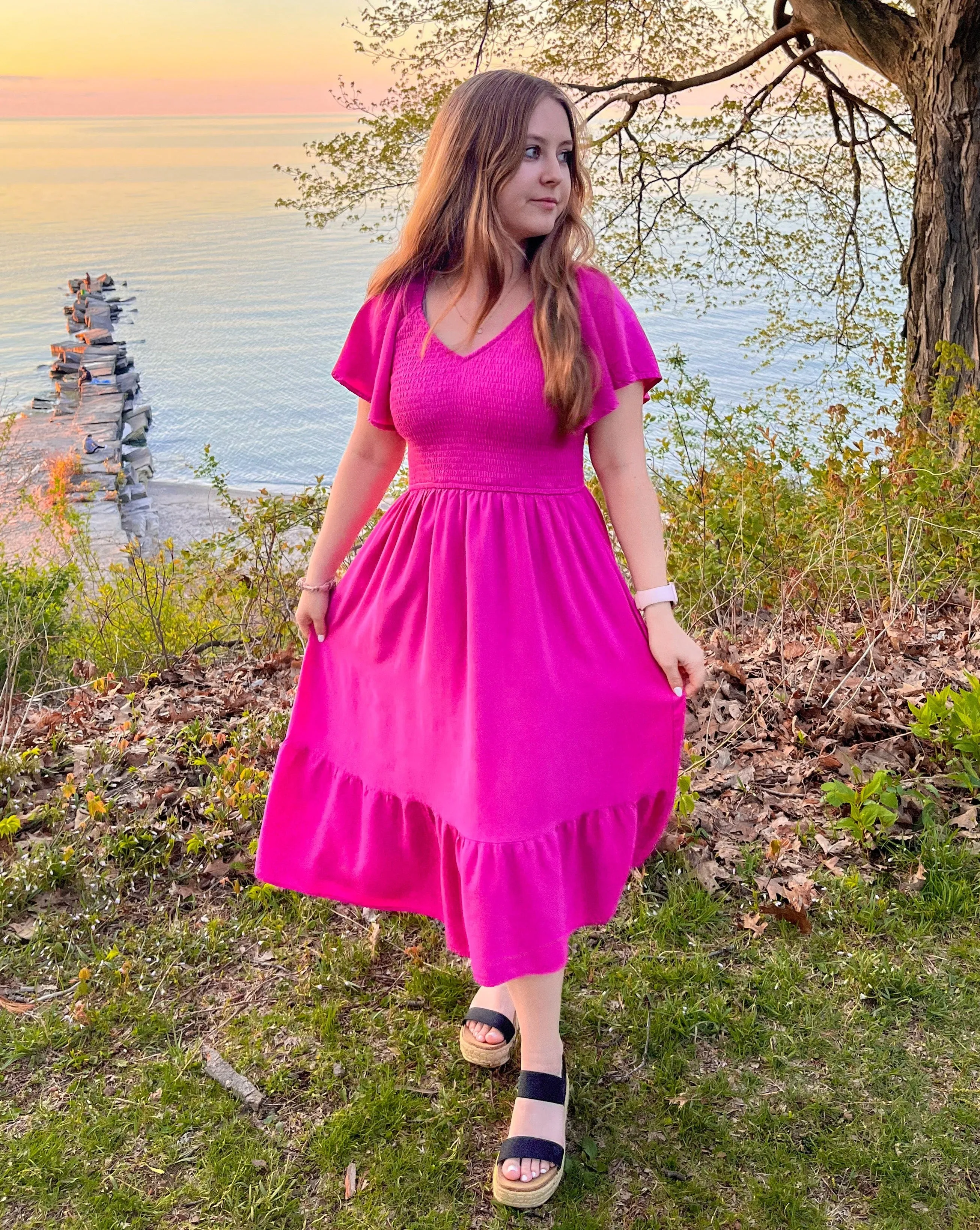 MEROKEETY Flutter Short Sleeve Smocked Tiered Dress