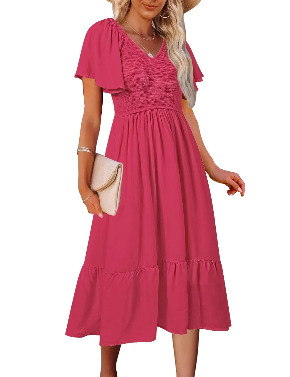 MEROKEETY Flutter Short Sleeve Smocked Tiered Dress