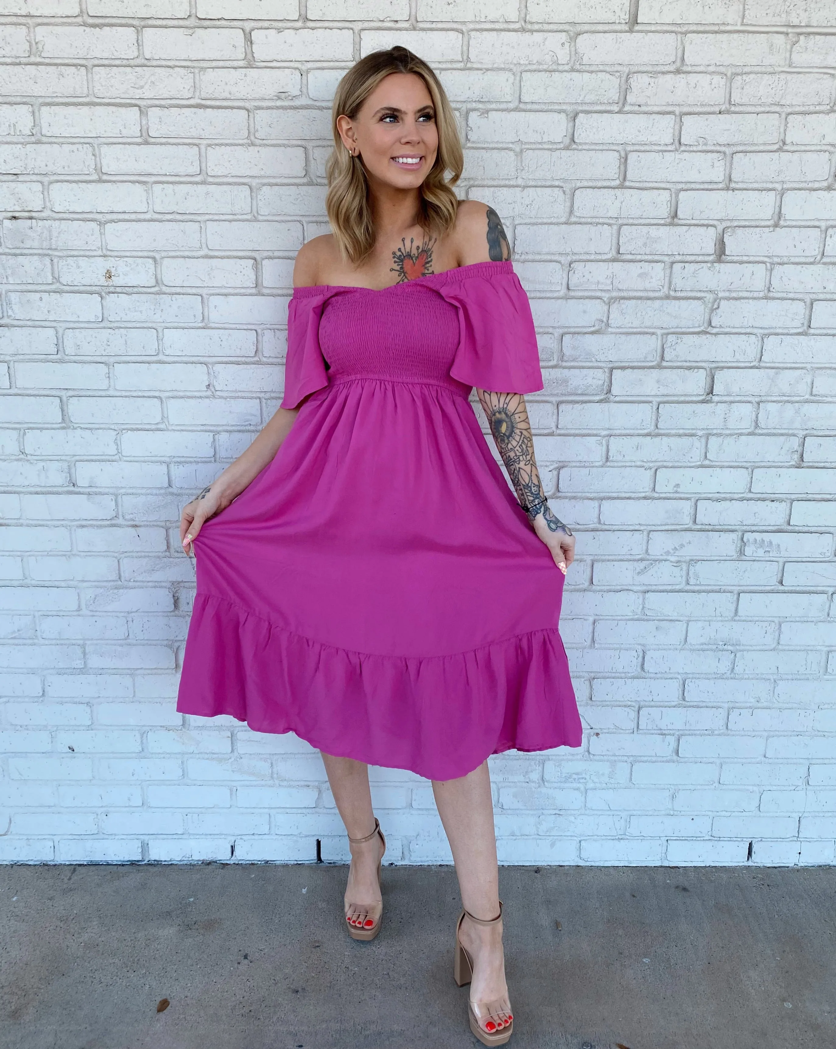 MEROKEETY Flutter Short Sleeve Smocked Tiered Dress