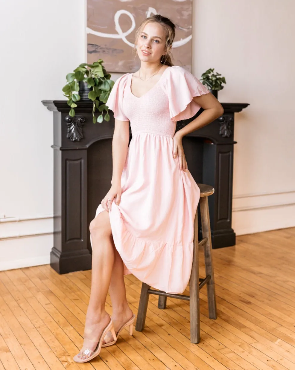 MEROKEETY Flutter Short Sleeve Smocked Tiered Dress