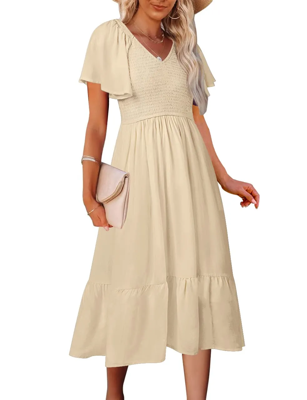 MEROKEETY Flutter Short Sleeve Smocked Tiered Dress