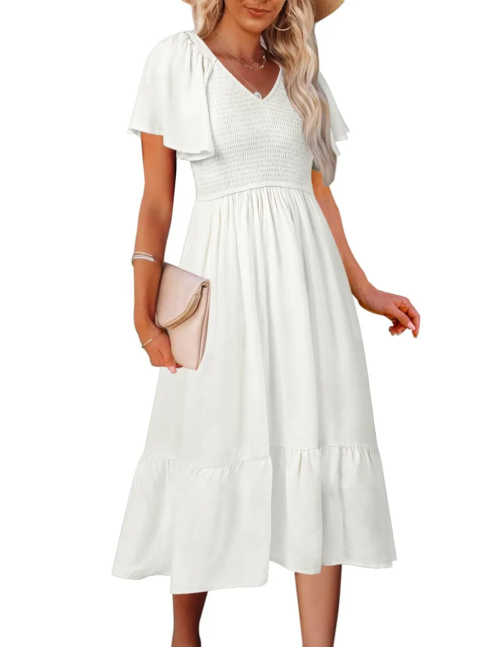 MEROKEETY Flutter Short Sleeve Smocked Tiered Dress