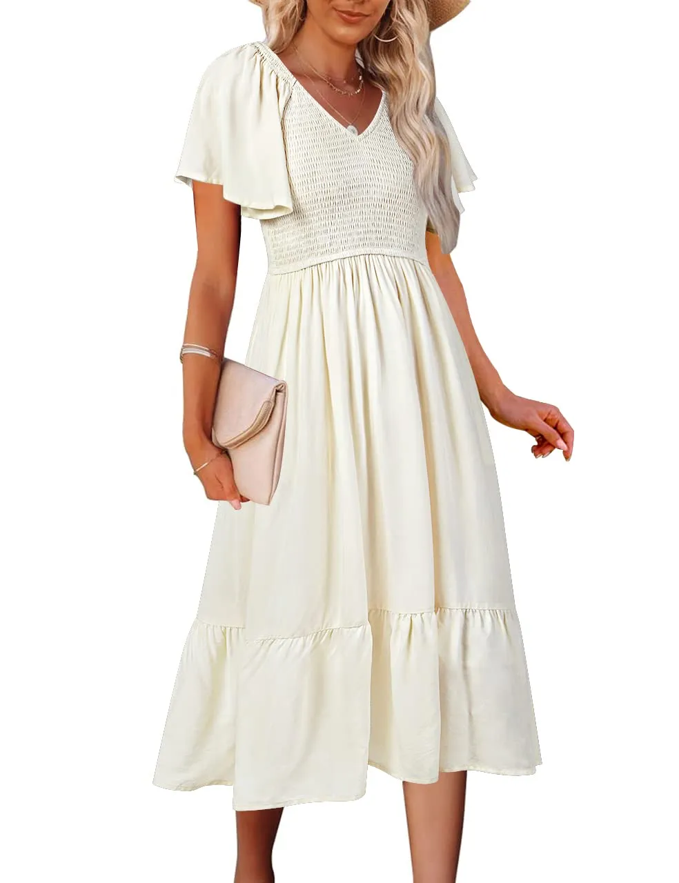 MEROKEETY Flutter Short Sleeve Smocked Tiered Dress