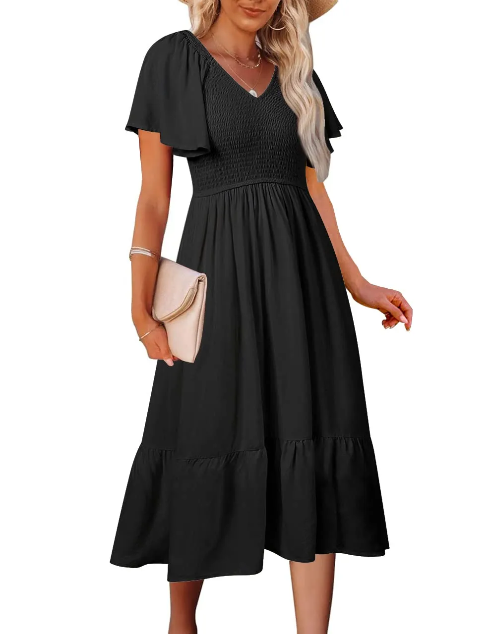 MEROKEETY Flutter Short Sleeve Smocked Tiered Dress
