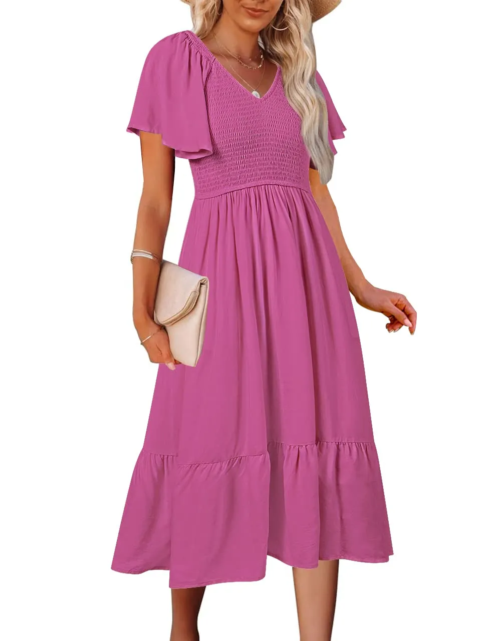MEROKEETY Flutter Short Sleeve Smocked Tiered Dress