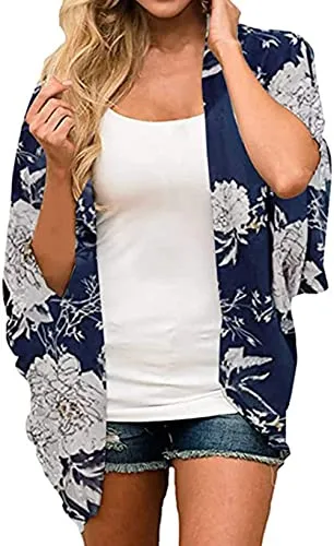 Naivikid Womens Floral Print Loose Puff Sleeve Kimono Cardigan Lace Patchwork Cover Up Blouse Lotus Root Gray 01 L