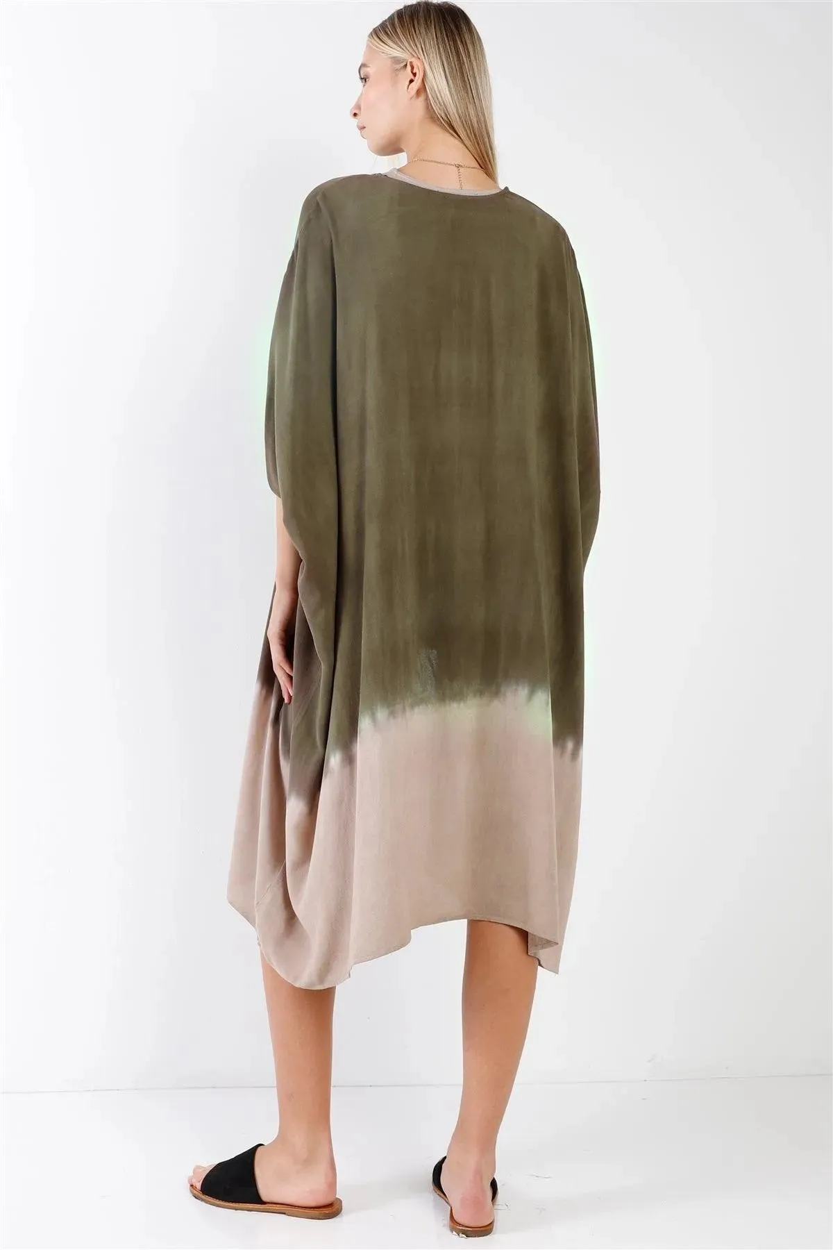 Olive & Taupe Tie-Dye Gradient Open Front Oversized Midi Kimono/Cover Up /3-2-1