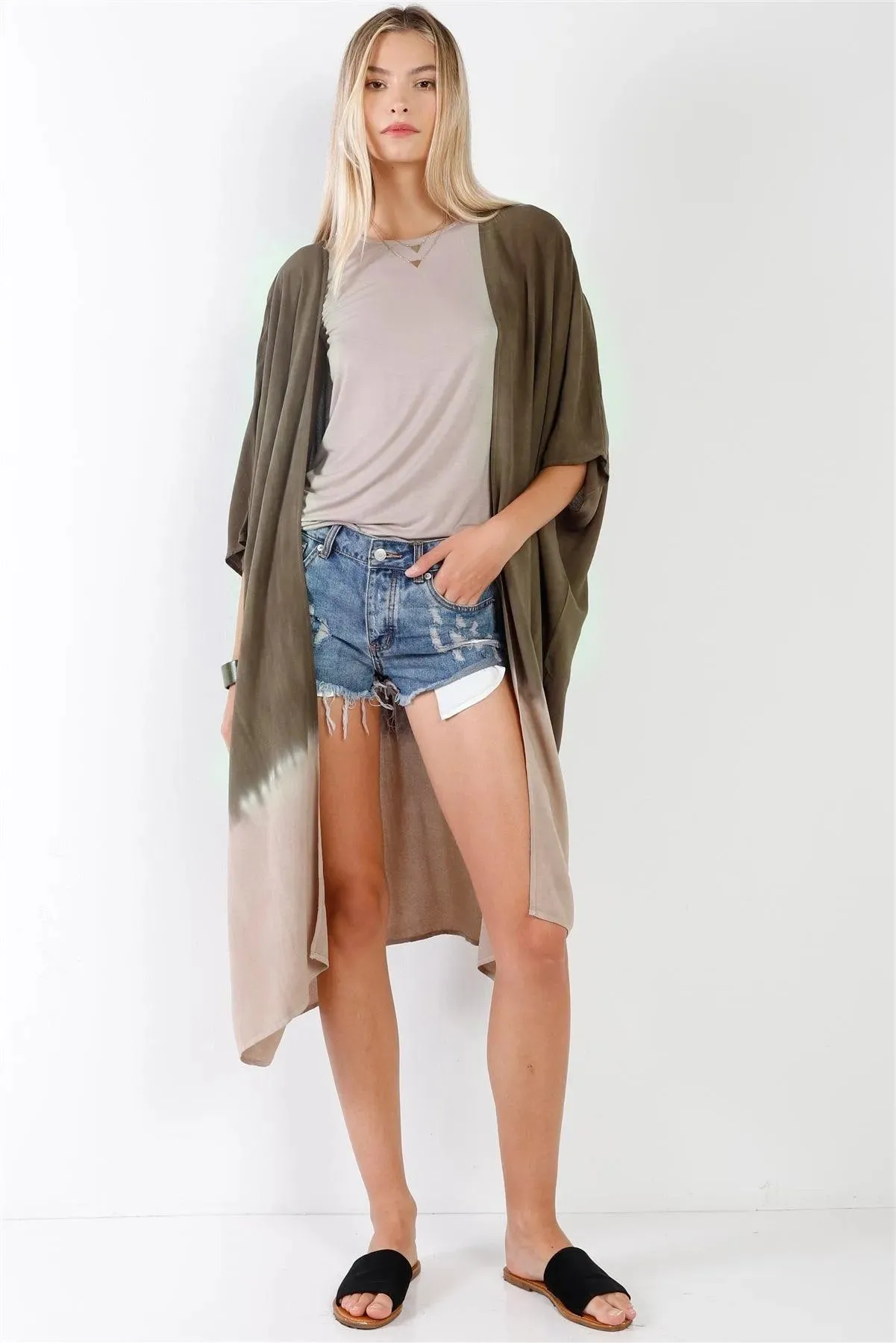 Olive & Taupe Tie-Dye Gradient Open Front Oversized Midi Kimono/Cover Up /3-2-1