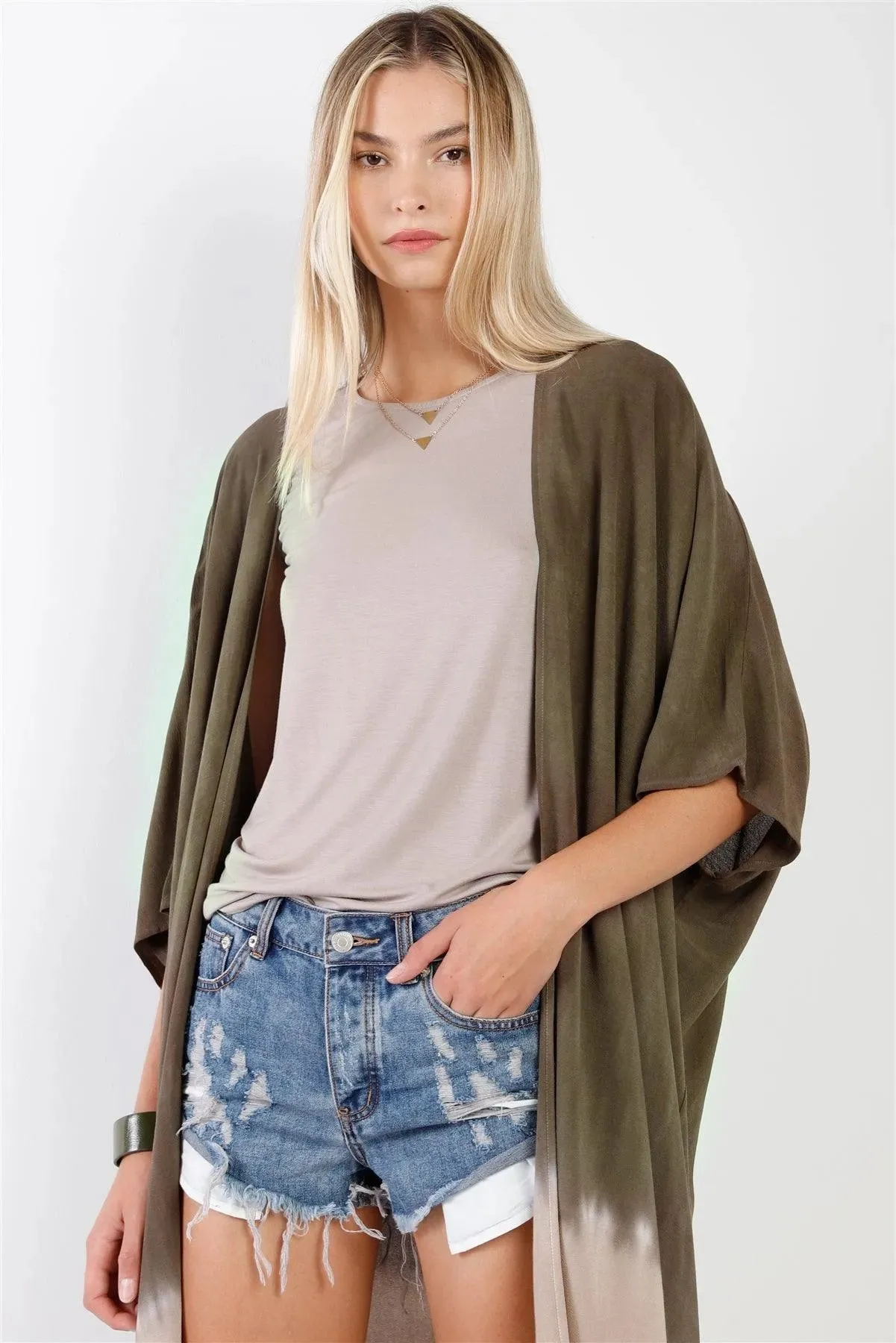 Olive & Taupe Tie-Dye Gradient Open Front Oversized Midi Kimono/Cover Up /3-2-1
