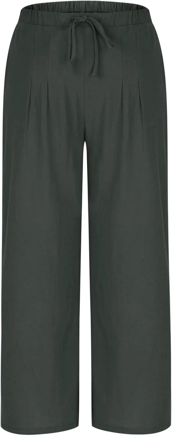 Palazzo Pants for Women High Waisted Straight Wide Leg Linen Trousers Drawstring Elastic Summer Outfits