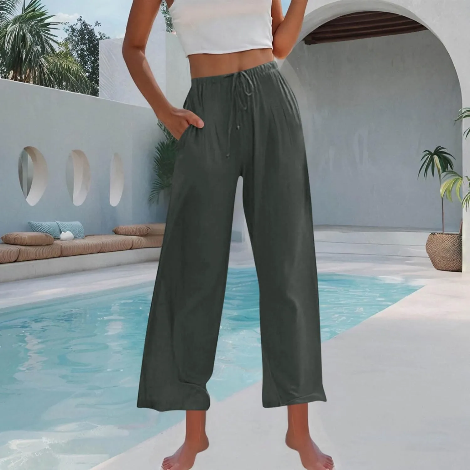 Palazzo Pants for Women High Waisted Straight Wide Leg Linen Trousers Drawstring Elastic Summer Outfits