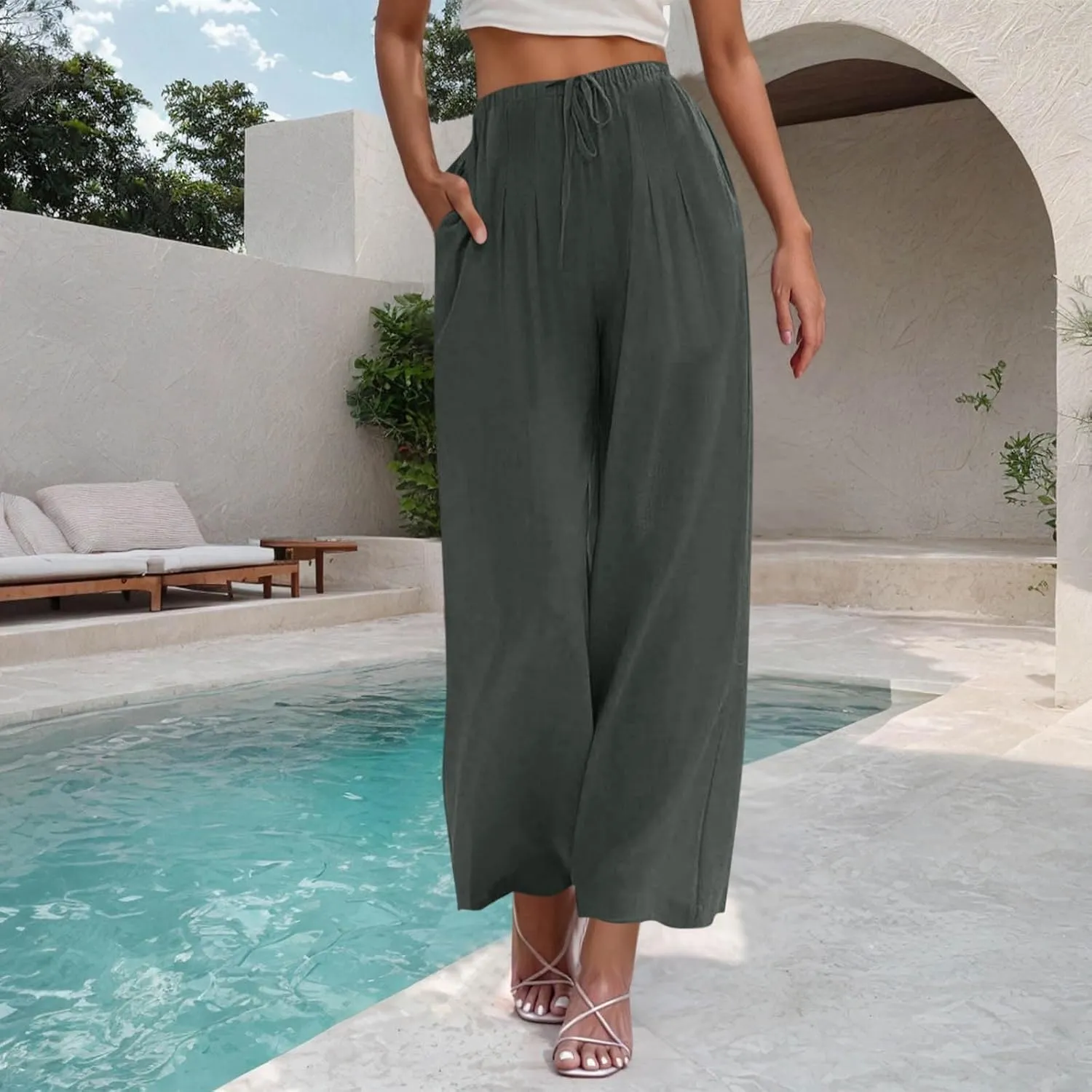 Palazzo Pants for Women High Waisted Straight Wide Leg Linen Trousers Drawstring Elastic Summer Outfits