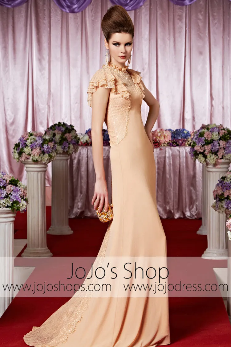 Peach Retro 1920S Victorian Modest Lace Elegant Prom Formal Evening Dress CX830312