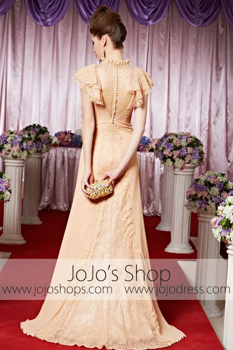 Peach Retro 1920S Victorian Modest Lace Elegant Prom Formal Evening Dress CX830312