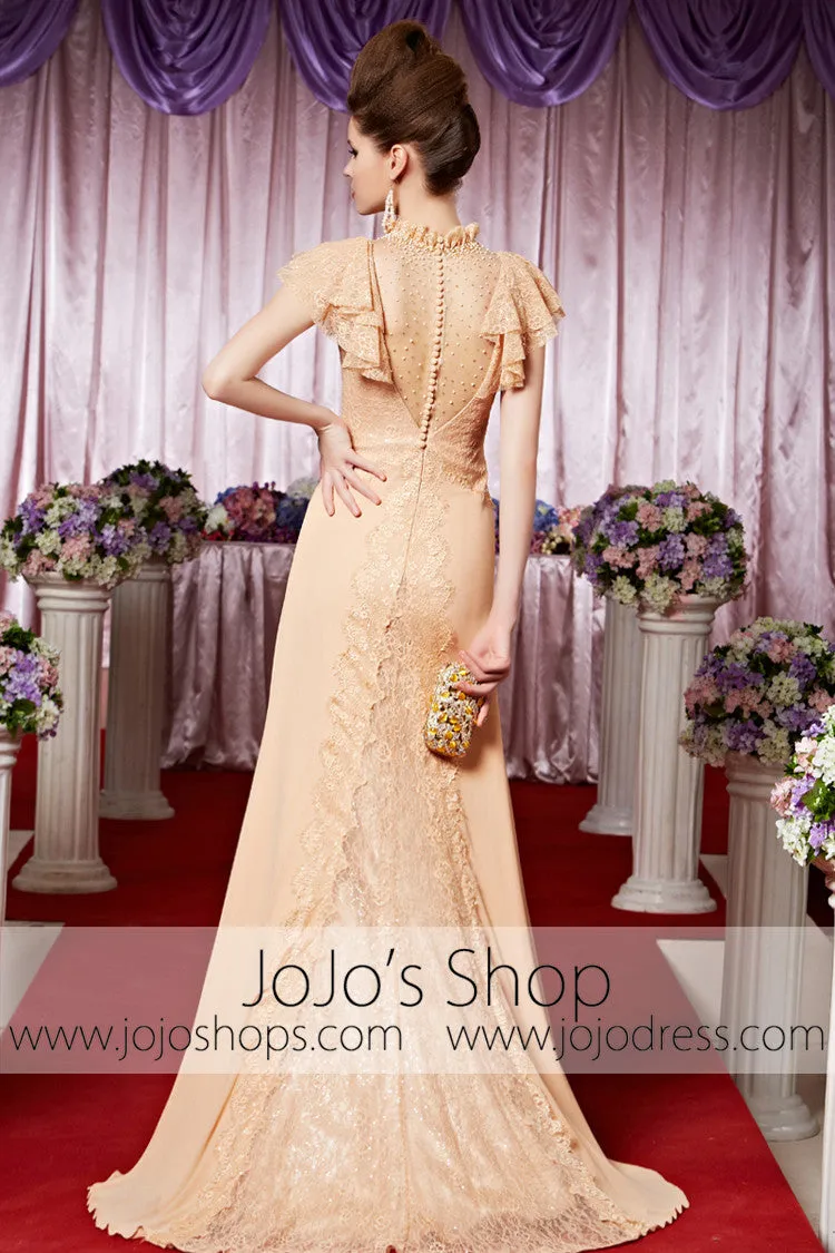 Peach Retro 1920S Victorian Modest Lace Elegant Prom Formal Evening Dress CX830312