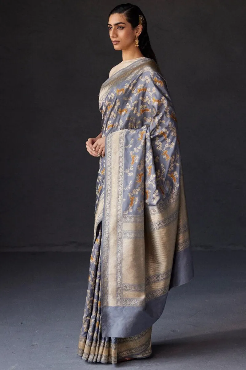 Pleasurable Grey Soft Silk Saree With Beauteous Blouse Piece