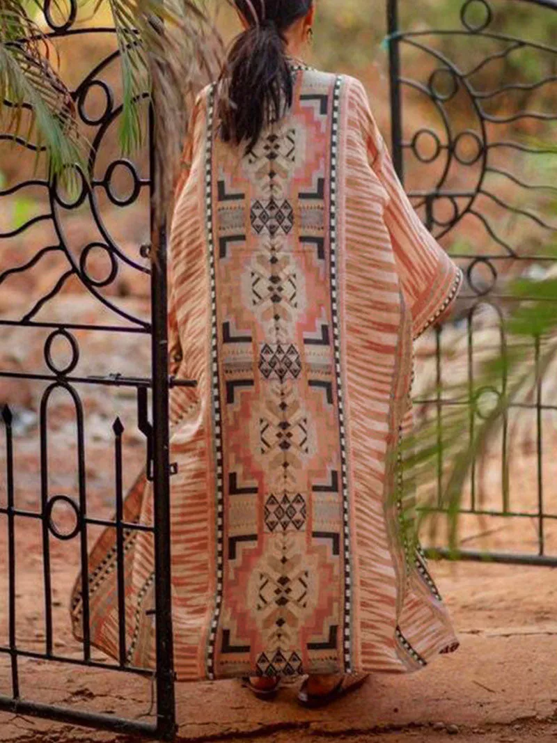 Printed Red & Blue Color Cotton Long Length Gown Kimono Duster Robe