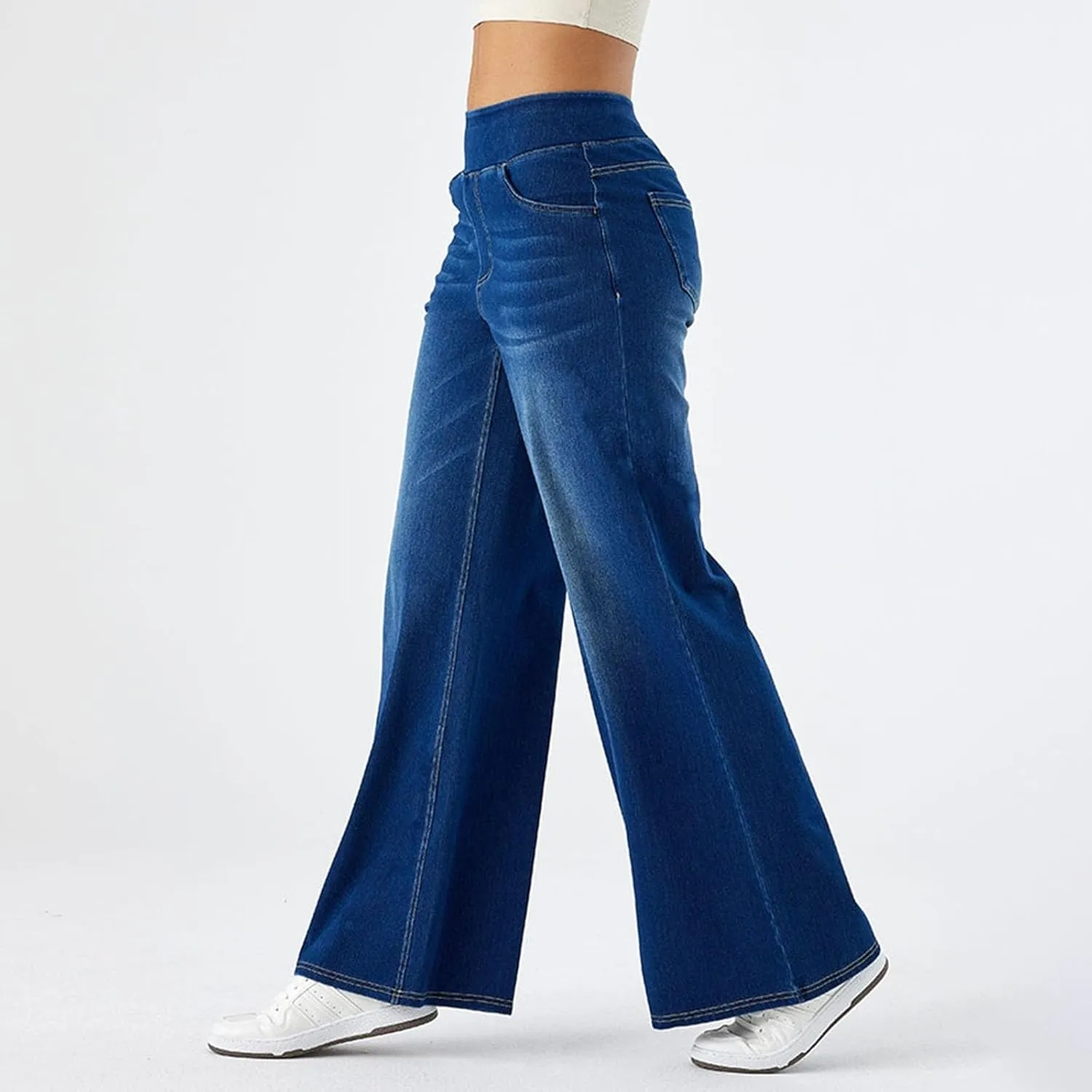 Pull On Wide Leg Jeans for Women High Waisted Stretchy Baggy Trendy Straight Leg Jeans Denim Pants Cropped Pants
