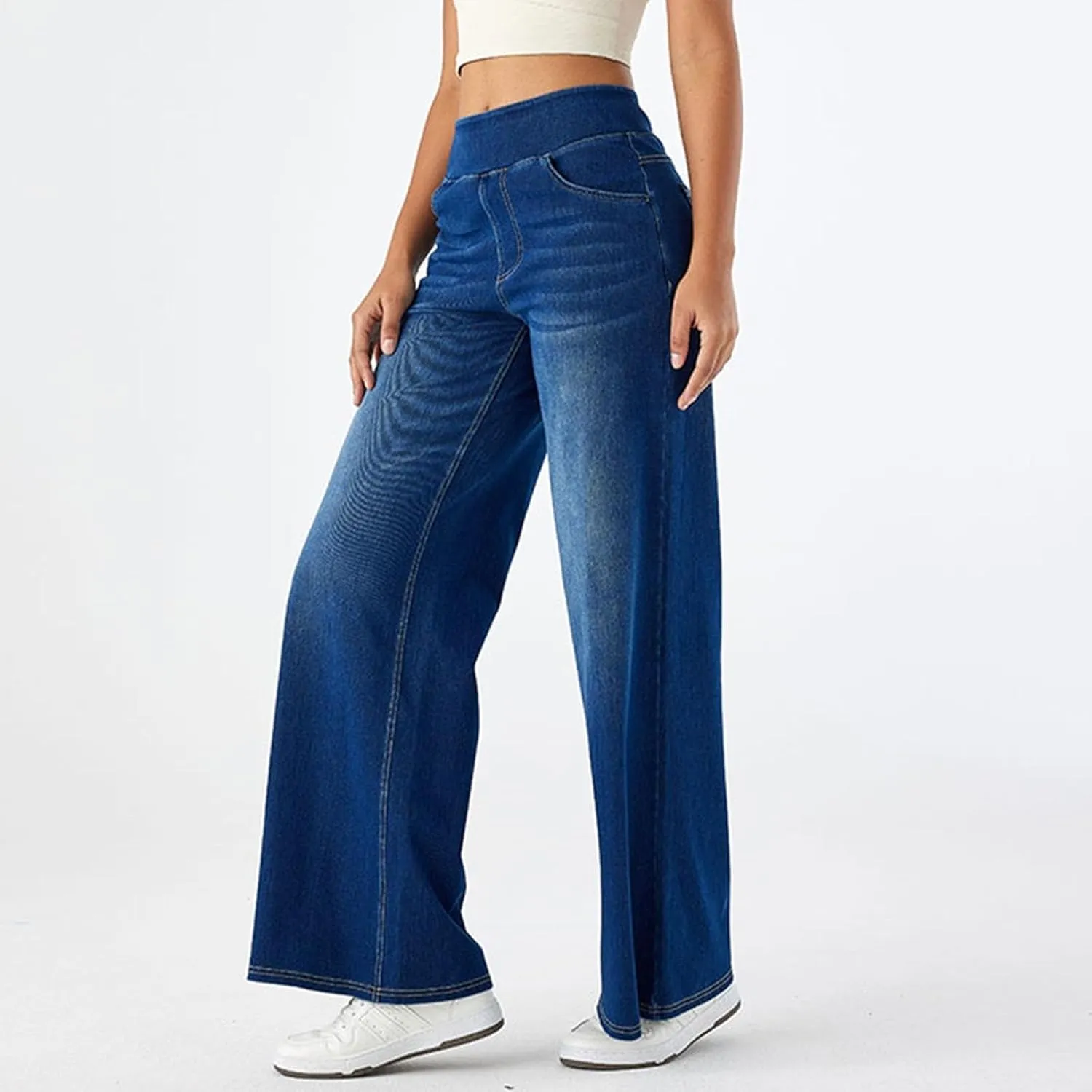 Pull On Wide Leg Jeans for Women High Waisted Stretchy Baggy Trendy Straight Leg Jeans Denim Pants Cropped Pants