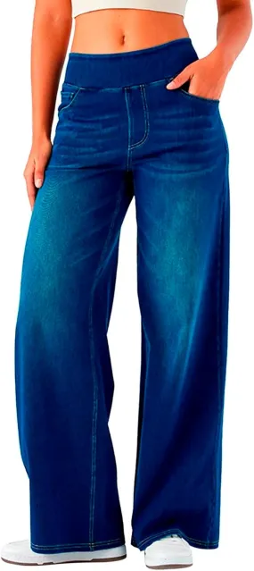 Pull On Wide Leg Jeans for Women High Waisted Stretchy Baggy Trendy Straight Leg Jeans Denim Pants Cropped Pants