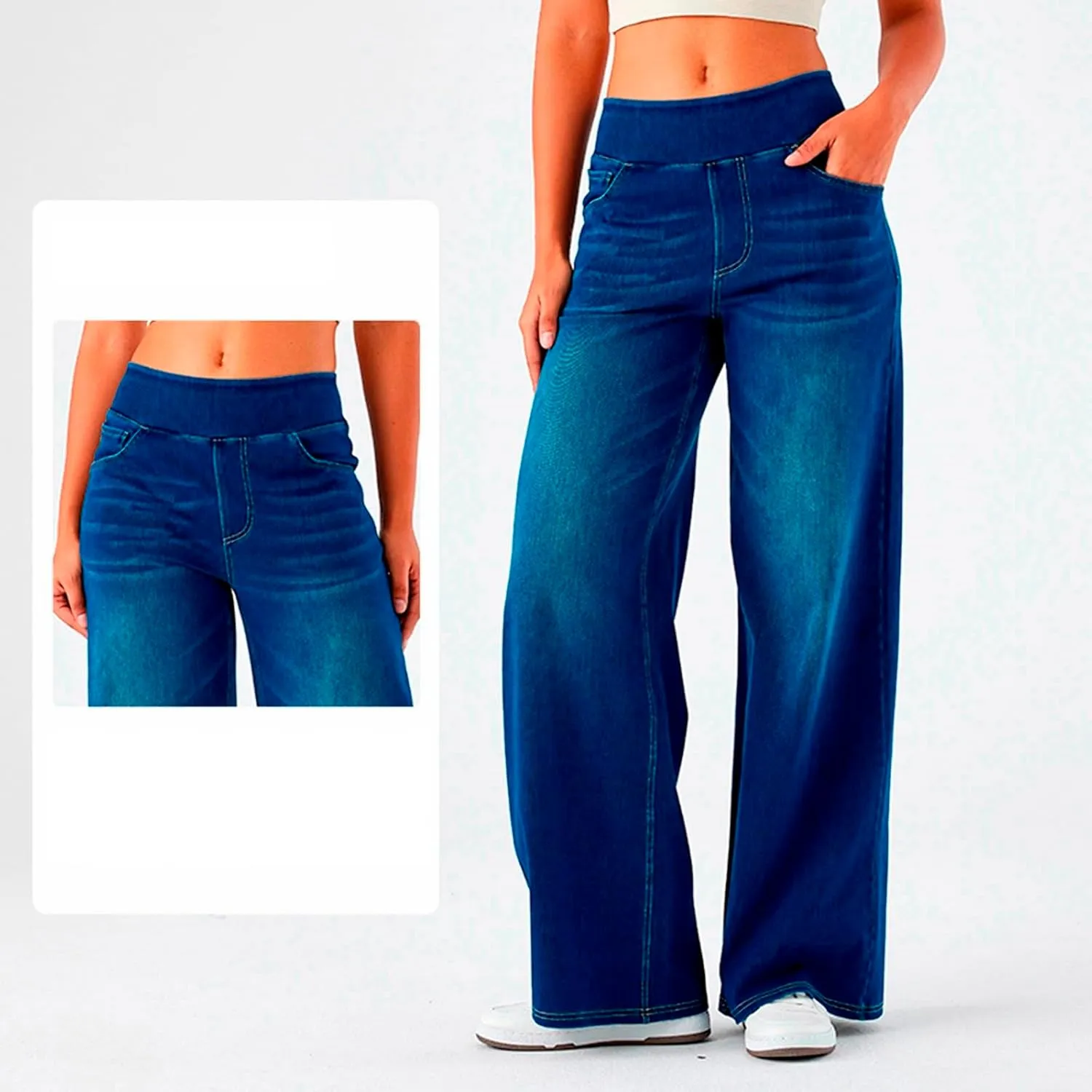 Pull On Wide Leg Jeans for Women High Waisted Stretchy Baggy Trendy Straight Leg Jeans Denim Pants Cropped Pants