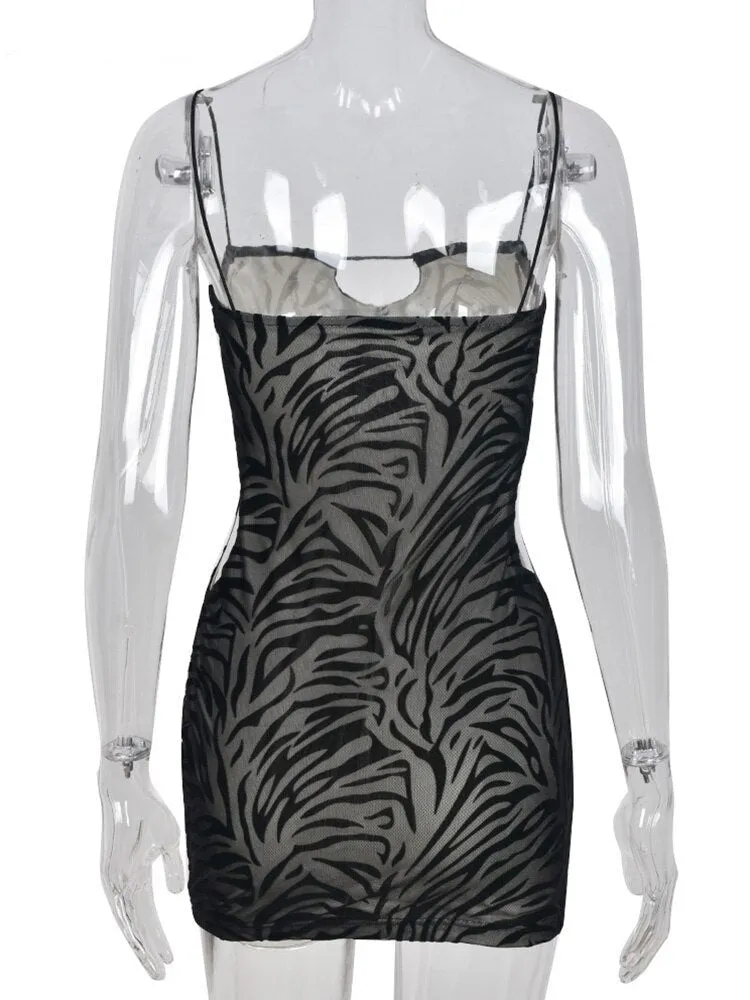Purpdrank - Hollow Striped Print Hip Dress Women Backless Sexy Stretchy Skinny Mini Sundress Midnight Party Sleeveless Bodycon