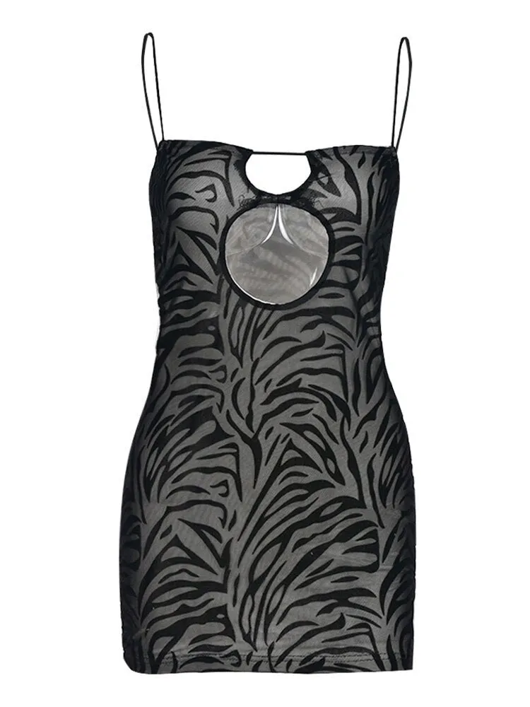 Purpdrank - Hollow Striped Print Hip Dress Women Backless Sexy Stretchy Skinny Mini Sundress Midnight Party Sleeveless Bodycon