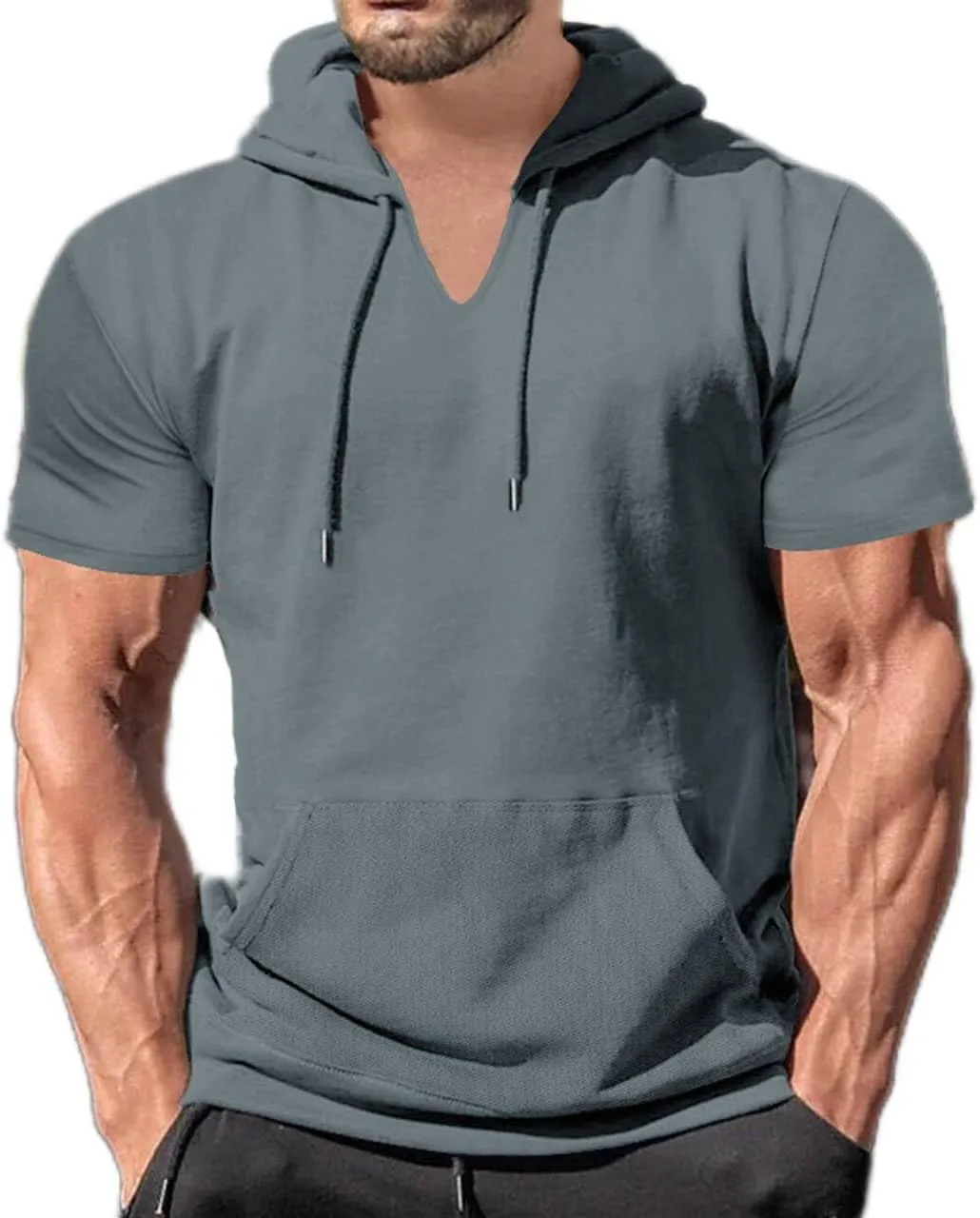 Short Sleeve Hoodies for Men Cotton Blend Summer Lightweight Hooded T-Shirt V Neck Pullover with Kangaroo Pocket