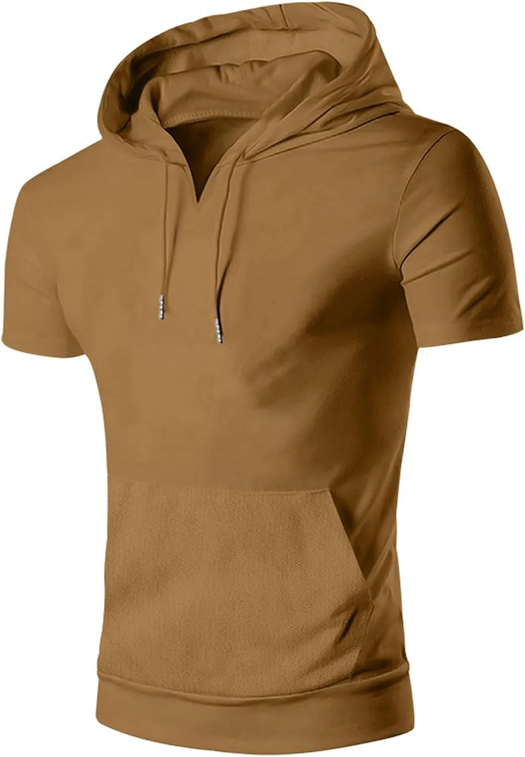 Short Sleeve Hoodies for Men Cotton Blend Summer Lightweight Hooded T-Shirt V Neck Pullover with Kangaroo Pocket