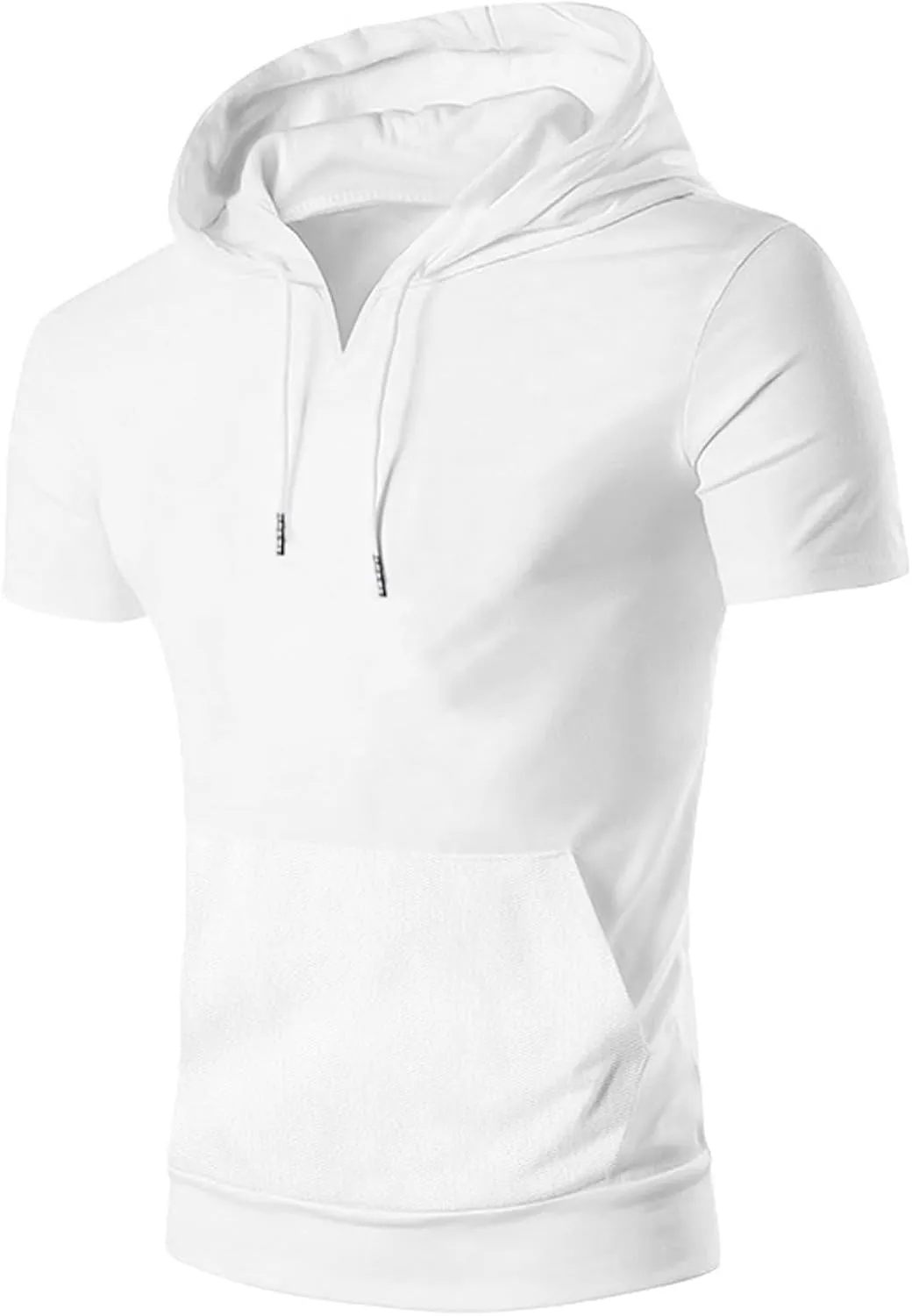 Short Sleeve Hoodies for Men Cotton Blend Summer Lightweight Hooded T-Shirt V Neck Pullover with Kangaroo Pocket