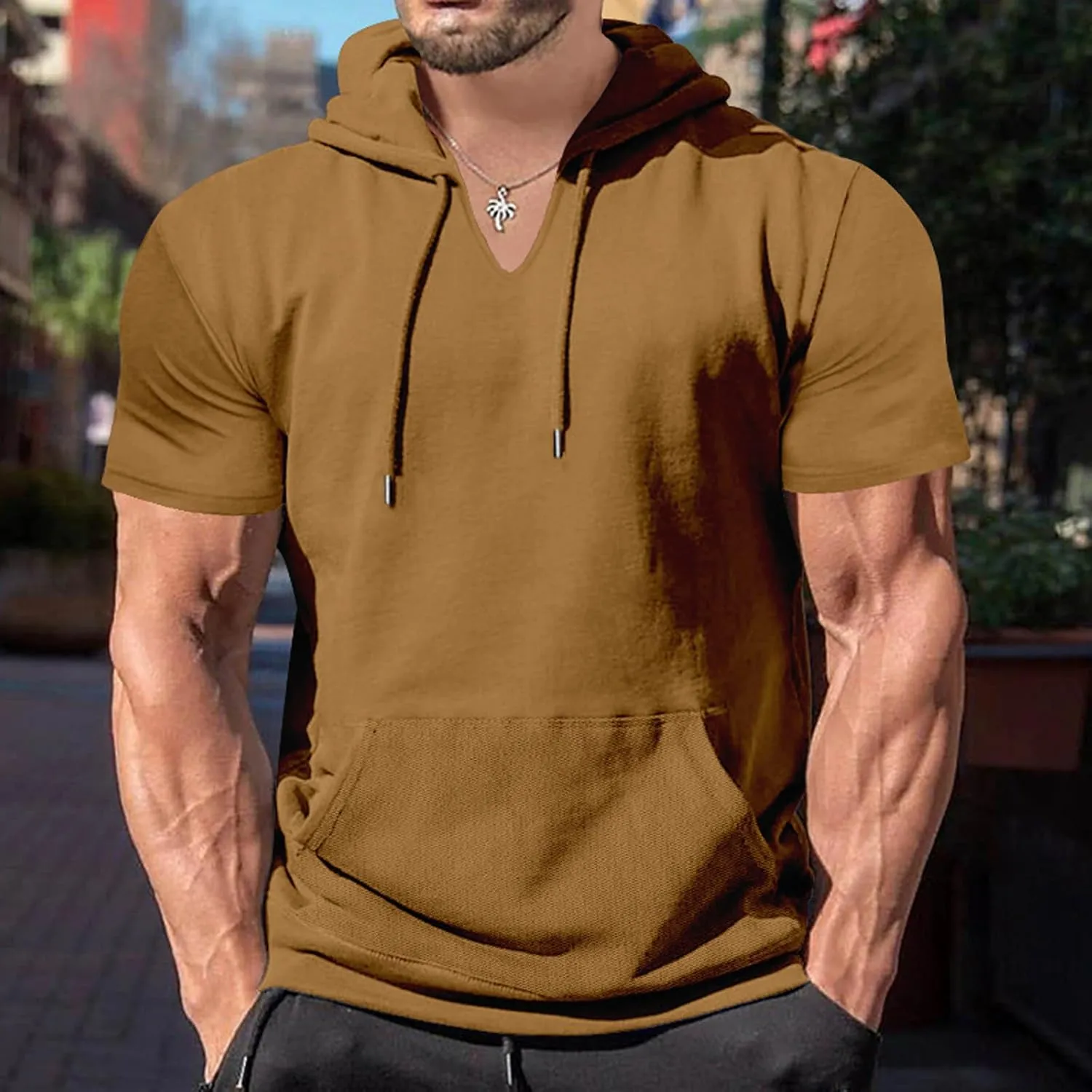 Short Sleeve Hoodies for Men Cotton Blend Summer Lightweight Hooded T-Shirt V Neck Pullover with Kangaroo Pocket