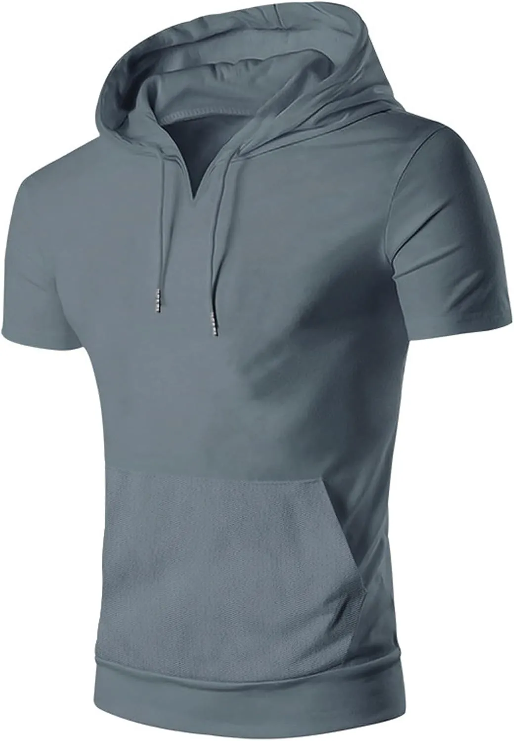 Short Sleeve Hoodies for Men Cotton Blend Summer Lightweight Hooded T-Shirt V Neck Pullover with Kangaroo Pocket