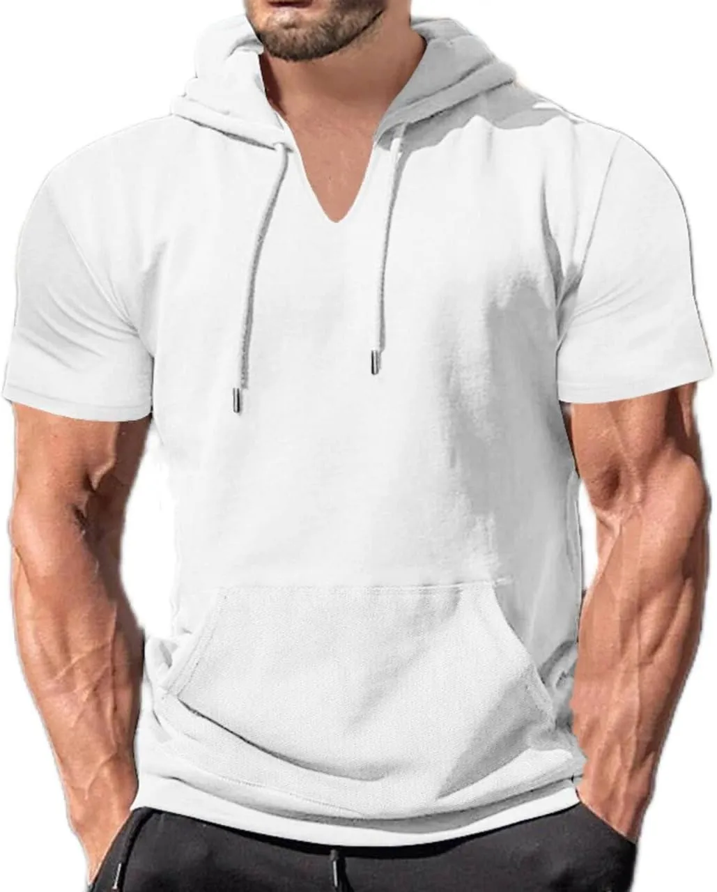 Short Sleeve Hoodies for Men Cotton Blend Summer Lightweight Hooded T-Shirt V Neck Pullover with Kangaroo Pocket
