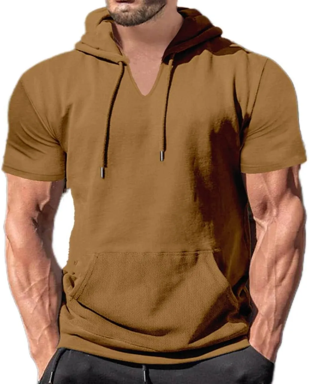 Short Sleeve Hoodies for Men Cotton Blend Summer Lightweight Hooded T-Shirt V Neck Pullover with Kangaroo Pocket