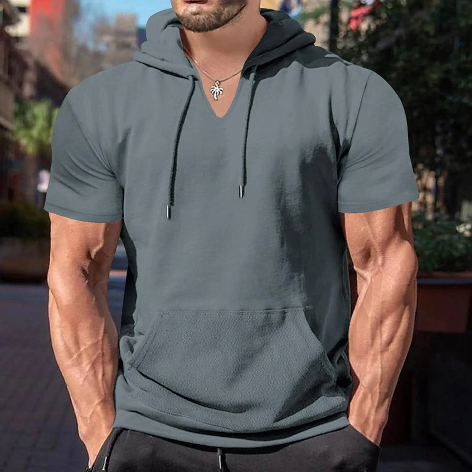 Short Sleeve Hoodies for Men Cotton Blend Summer Lightweight Hooded T-Shirt V Neck Pullover with Kangaroo Pocket