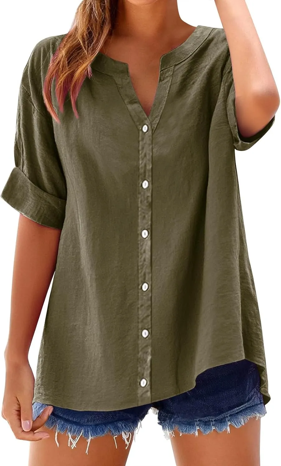 Spring Tops for Women Linen Shirt Stand Up Linen Long Sleeved Roll Up Solid Color Button Down Fashion Casual Soft Top