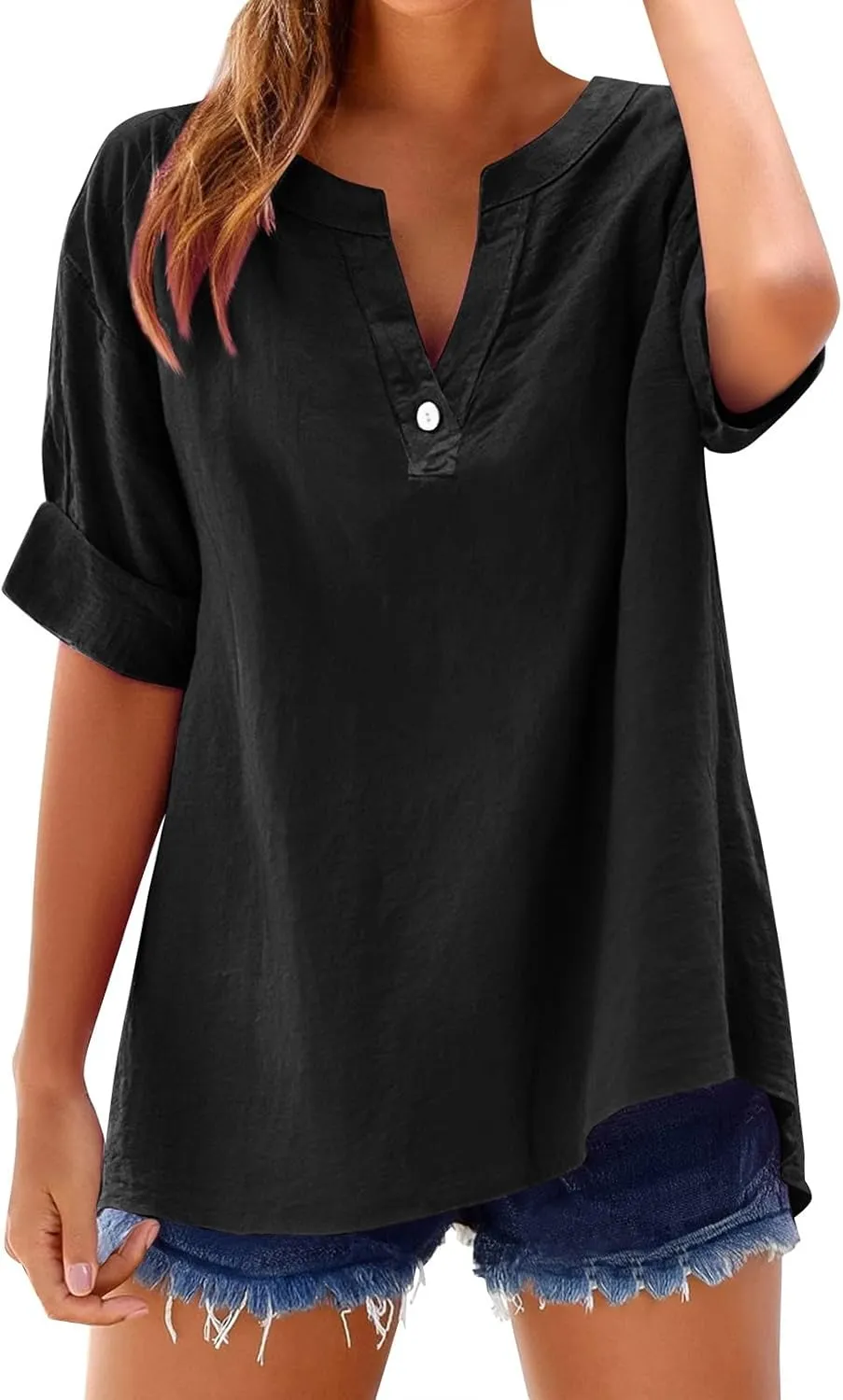 Spring Tops for Women Linen Shirt Stand Up Oversized Long Sleeve Roll Up Solid Color 1/4 Button Down Fashion Soft Top