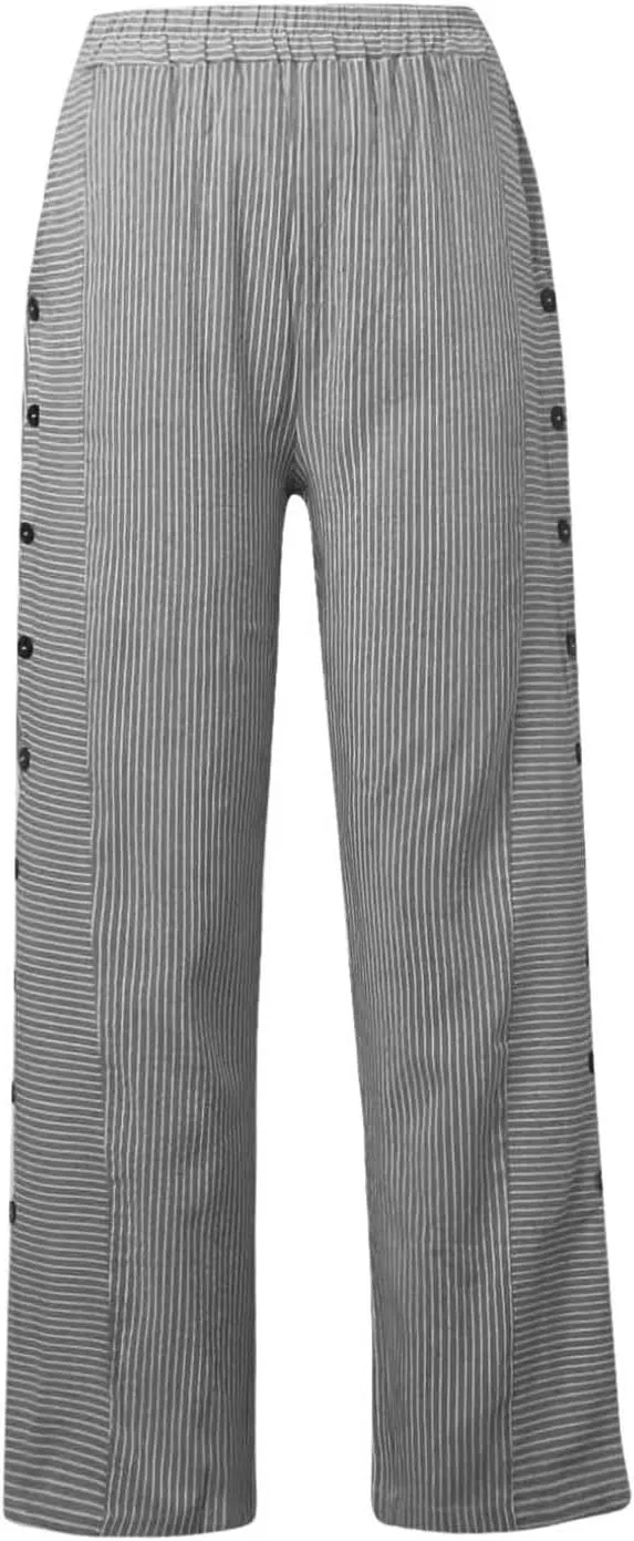 Striped Linen Pants Women Side Button Up Trendy Pants Baggy Elastic Waist Straight Leg Comfort Trousers with Pocket