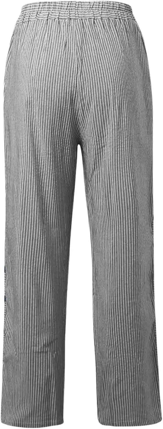 Striped Linen Pants Women Side Button Up Trendy Pants Baggy Elastic Waist Straight Leg Comfort Trousers with Pocket