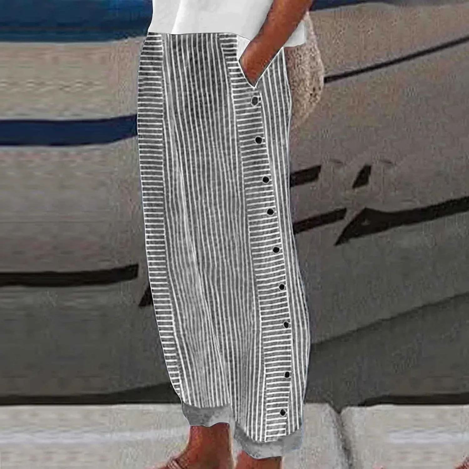 Striped Linen Pants Women Side Button Up Trendy Pants Baggy Elastic Waist Straight Leg Comfort Trousers with Pocket